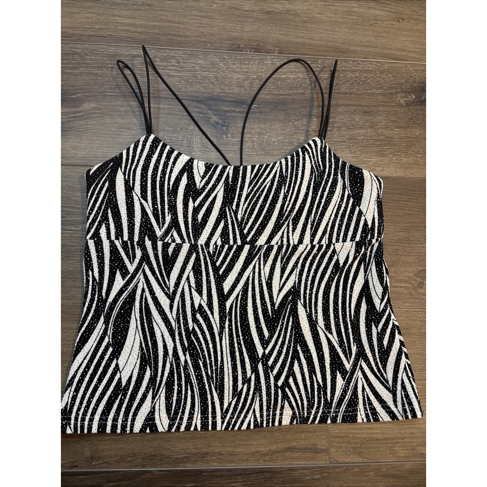 Vintage Y2K  Strappy Tank Black White Glitter Shelf Bra Tank Top Size 13 USA